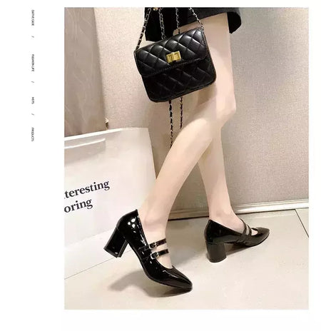 Sapatos Mary Janes de fivela dupla feminina, couro envernizado, cabeça quadrada, salto quadrado, cor sólida, primavera, outono, 2022