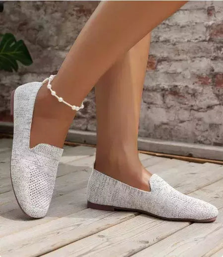 Cor sólida dedo do pé quadrado malha mocassins rasos mulheres apartamentos sapatos de fundo macio malha ballet apartamentos sapatos casuais deslizamento em sapatos de barco