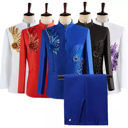 (Jaqueta + calça) moda masculina palco desempenho vestido ternos 2025 novo masculino estilo chinês levante-se colarinho decalque blazer e calças