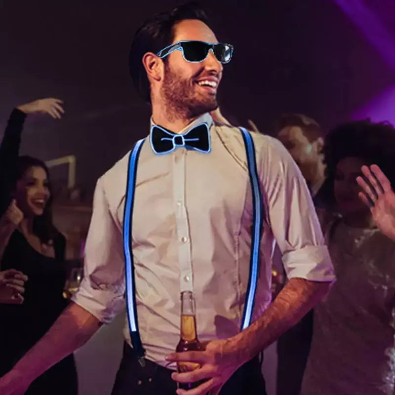 Suspensórios de led iluminados masculinos, gravata borboleta unissex, calças elásticas ajustáveis, suspensório iluminado com led para festival de música, festa de fantasia