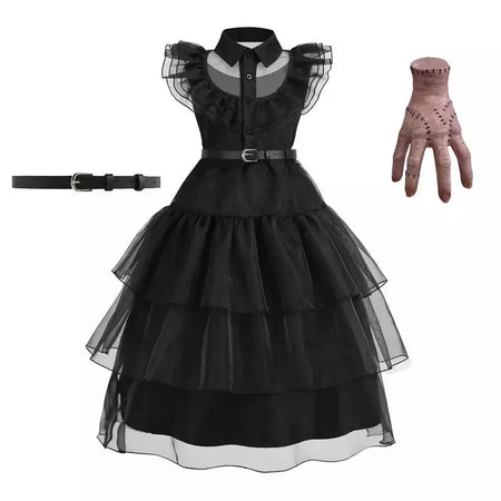 Crianças addams traje do bebê meninas família cosplay traje de halloween crianças família dança vestido preto quarta-feira pageant fantasia