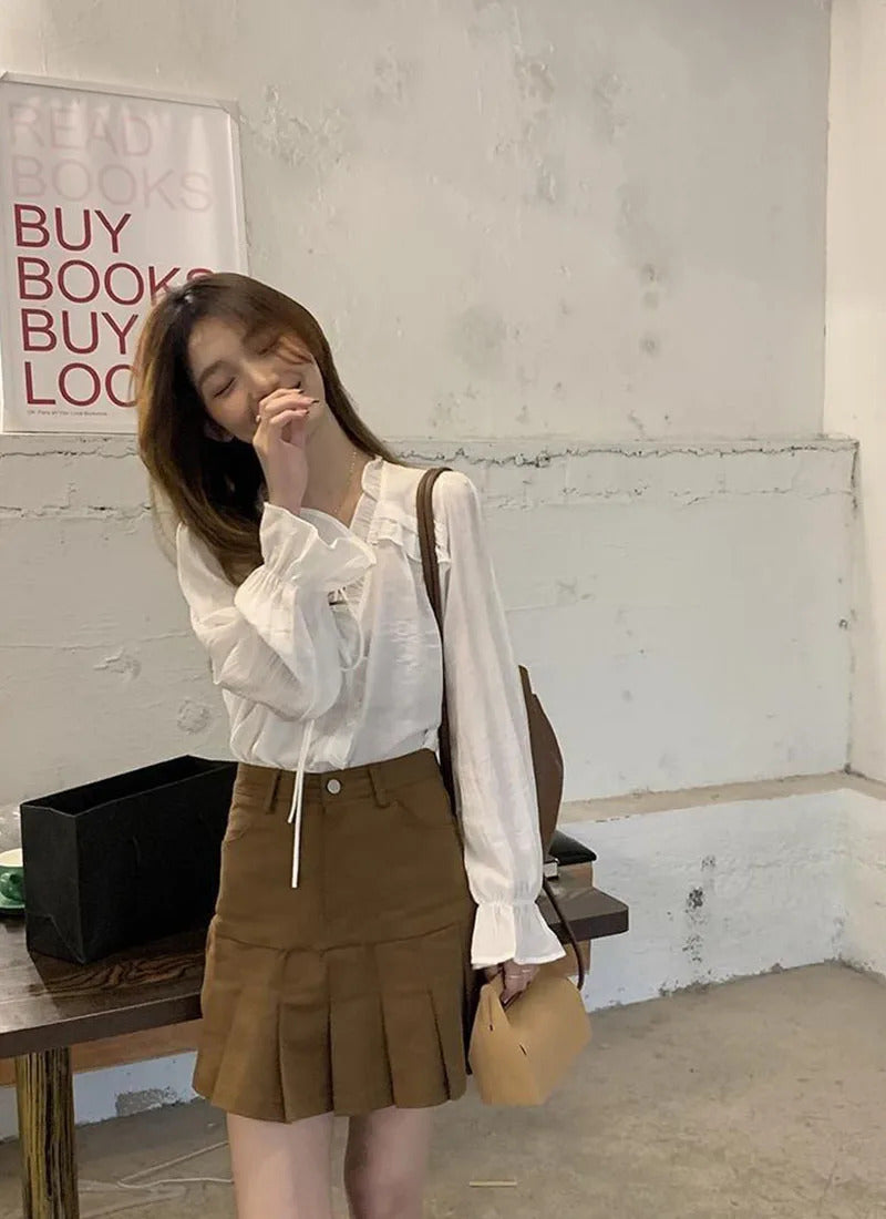 Xpqbb-Blusa de chiffon com decote em V para mulheres, camisas soltas com renda, manga comprida, babados, streetwear feminino, roupas coreanas, primavera e outono, 2024