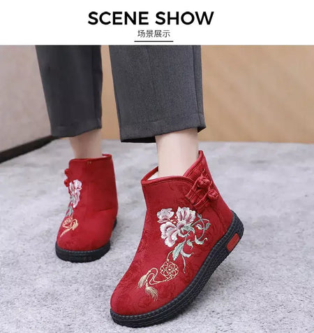 Sapatos de pano de inverno estilo étnico botas mujer sapatos femininos zapatos botas curtas quentes mulher bootie bordado algodão botas femininas