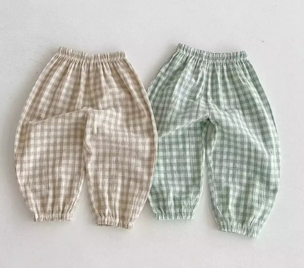 Calças listradas de algodão de linho vintage para meninos casual bolso design elásticos calças de cintura para criança menina roupas crianças