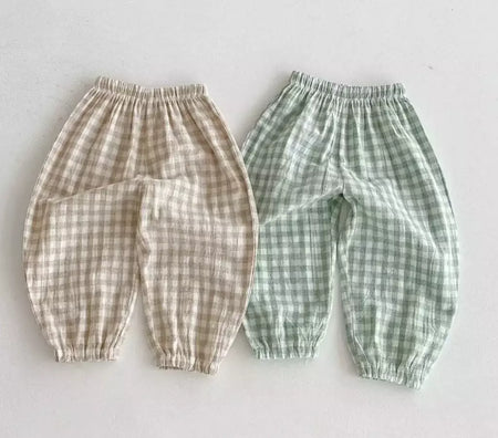 Calças listradas de algodão de linho vintage para meninos casual bolso design elásticos calças de cintura para criança menina roupas crianças