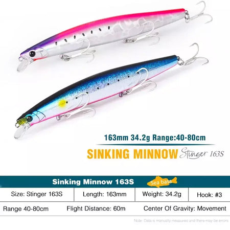 TSURIKNOYA-STINGER 163S-Ultra Long Casting Saltwater Sinking Minnow, Iscas de Pesca, Iscas Artificiais Duras para Robalo, 163mm, 34.2g