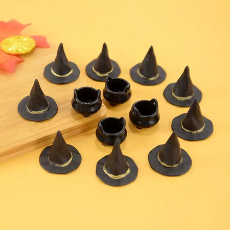 10 pçs halloween bruxa chapéu decorações chapéus em miniatura caldeirão potes chaleira ornamento festa de halloween decoração para casa diy artesanato