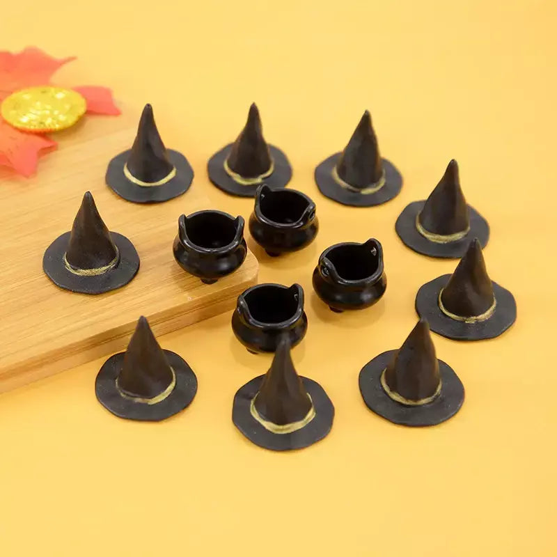 10 pçs halloween bruxa chapéu decorações chapéus em miniatura caldeirão potes chaleira ornamento festa de halloween decoração para casa diy artesanato