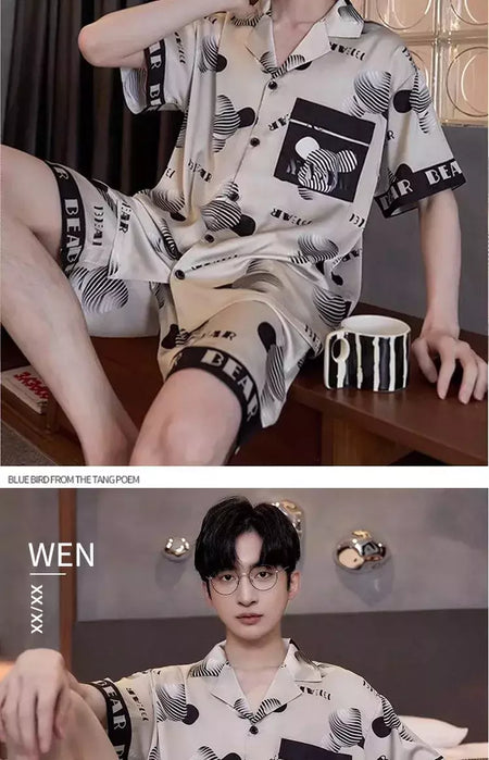 Pijama de seda gelo de duas peças masculino, shorts de manga curta, seção fina, estudante, terno homewear adolescente, verão, novo