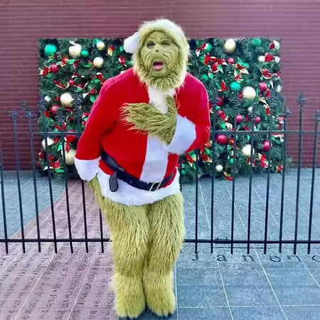 Venda quente da temporada halloween verde grinch cosplay traje papai noel com calças de pele conjunto jogar traje em massa monstro verde gri