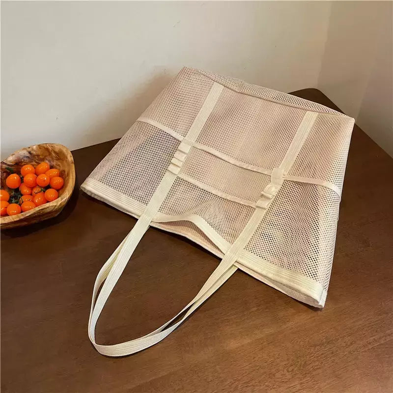 Bolsa de praia de malha portátil para mulheres, maquiagem, bolsa de lavagem, organizador de banho, Shopper Totes, verão