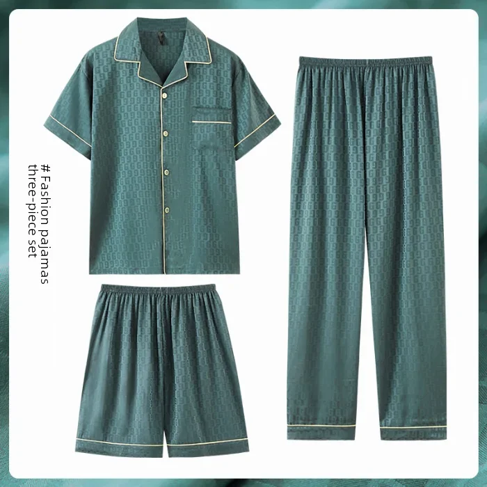 Pijama Jacquard de seda gelada masculino, manga curta, outwear casual, simulação adolescente, roupa de casa, verão, conjunto de 3 peças