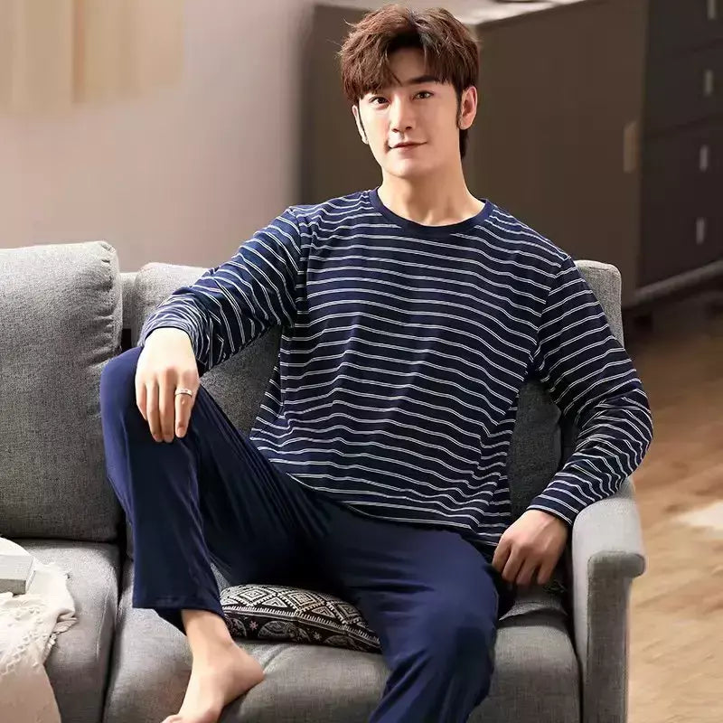 Pijama masculino de manga comprida de duas peças, pijama de seção fina, terno de lazer, tamanho grande, primavera e outono