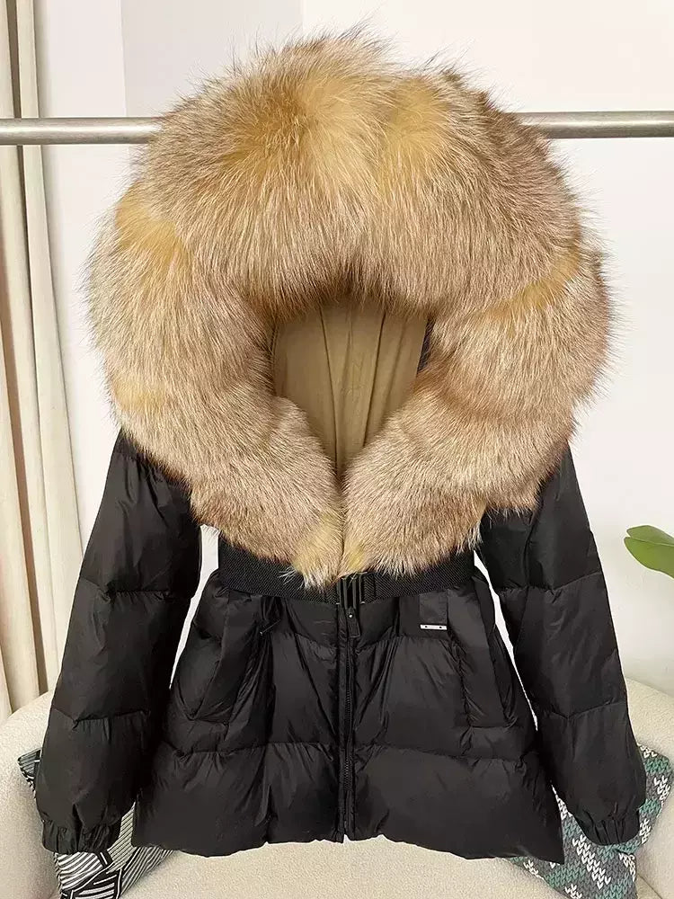 Oftbuy 2024 jaqueta de inverno feminina gola de pele de raposa natural real com capuz grosso quente 90% pato branco para baixo casaco feminino streetwear casual