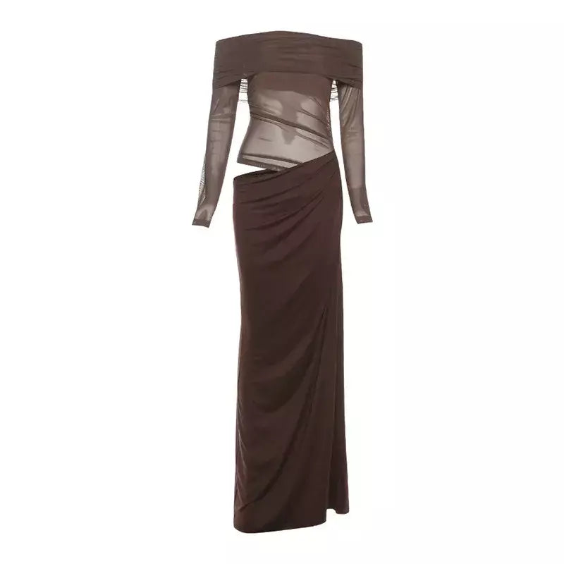 Oco sexy vestido longo feminino um ombro malha transparente festa noite vestido de malha verão moda cor sólida maxi vestidos