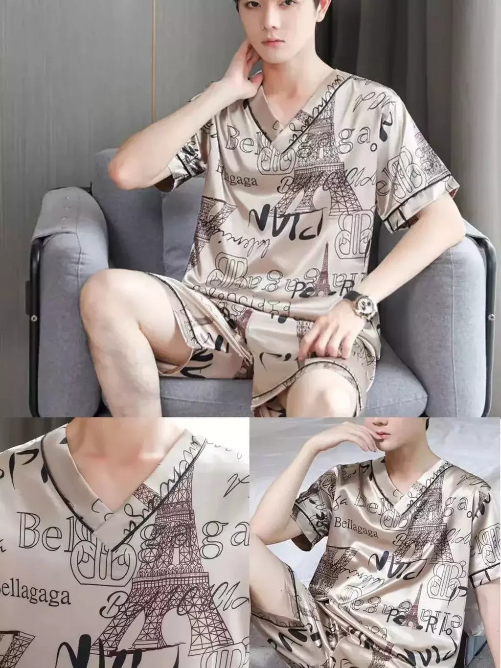 Conjunto de pijama de seda gelo manga curta masculino, pijama casual fino de simulação, tamanho grande, roupa para casa, verão, 2 peças