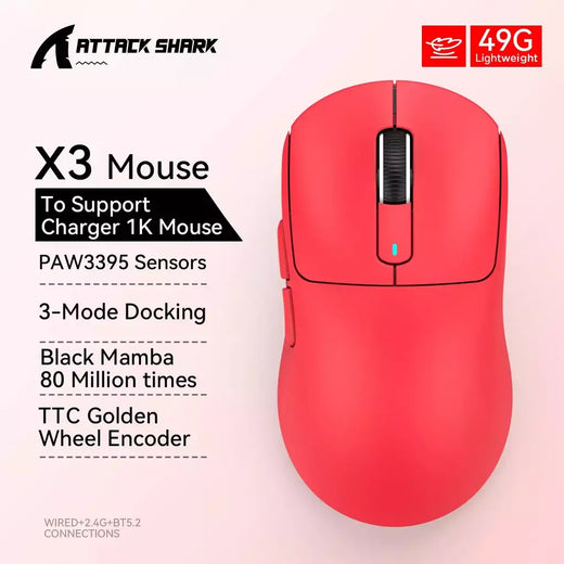 Ataque tubarão x3pro/x3 mouse sem fio, pixart paw3395, 26k dpi, luz, para jogos macro, laptop/win/mac