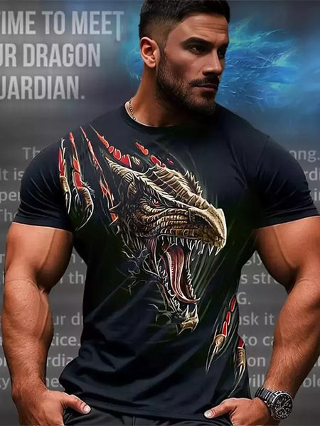 Camiseta de manga curta com estampa Dragão 3D masculina, camiseta casual diária de rua, esportes ao ar livre, moda urbana, verão