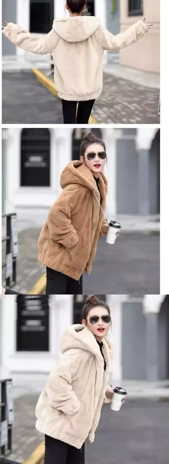 Jaqueta feminina com capuz de flanela forrada a lã, jaqueta curta solta, manga longa quente, comprimento médio, versão coreana, inverno, novo estilo