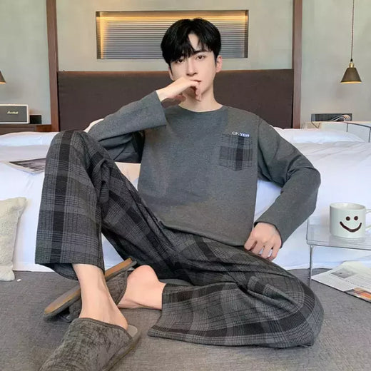 Pijama masculino com gola em o listrado, pijamas de algodão penteado, lounges plus size, outono e inverno, maduro na moda, novo, L a 6XL, 2020