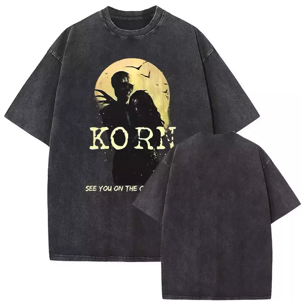 Camisetas com estampa de esqueleto masculinas, banda de rock vintage lavada, Korn caindo longe de mim, camiseta gótica, camiseta masculina extragrande, moda