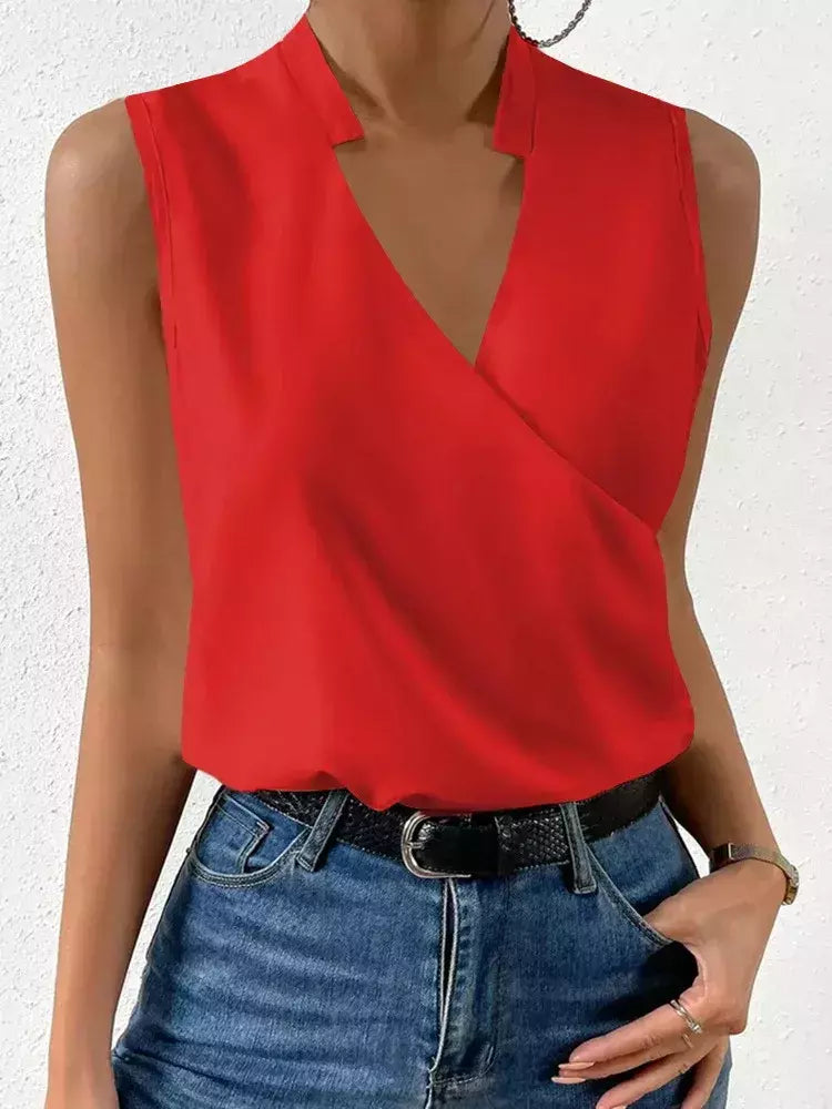 Camisa Feminina Elegante Monocromática Casual, Primavera, Verão, Senhora do Escritório, Sem Mangas, Blusa com Decote V, Top Clothing Feminina, S-3XL