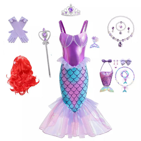 Meninas escala roxa princesa sereia ariel cosplay vestido de halloween vestido de festa de aniversário meninas verão praia vestido de férias