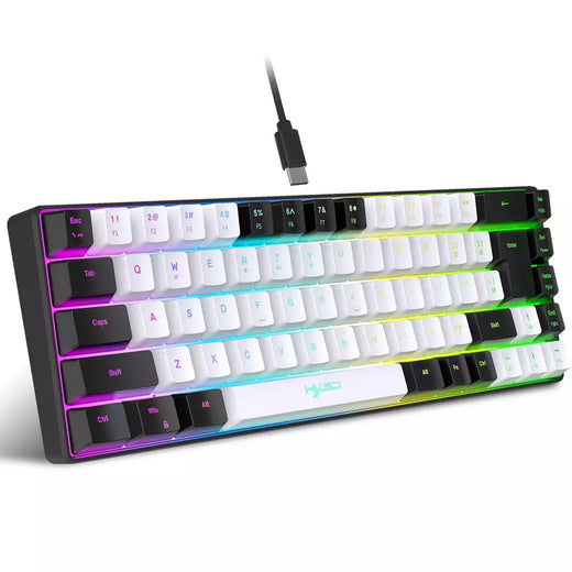 Teclado para jogos com fio USB, 68 teclas, 20 RGB Backlight, Keycaps preto e branco, Windows Laptops, Computador