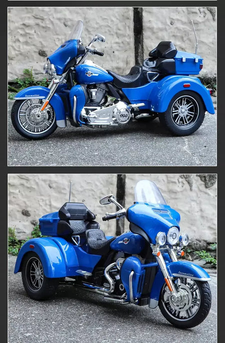 CVO-Tri Glide Alloy Motorcycle Model for Kids, Três Rodas, Cruzeiro, Viagem, Diecast, Lazer na Rua, Luz Sonora, Presente, 1:9