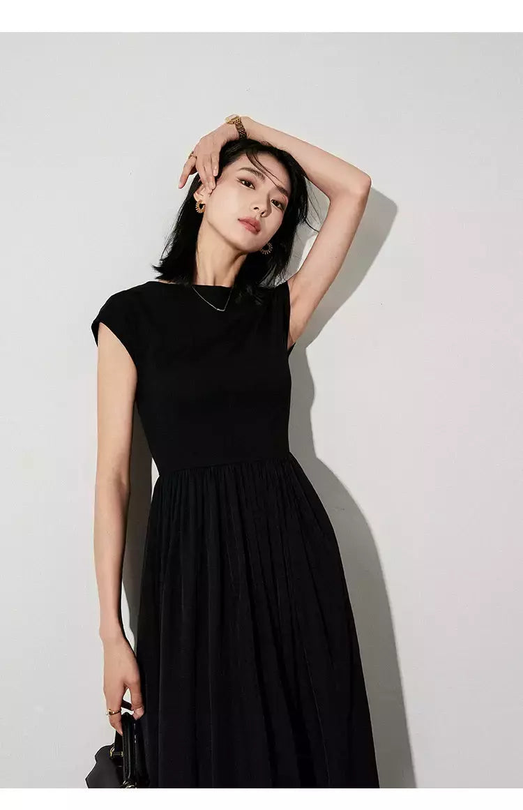 LILYMOON-vestido longo de emenda francês, saia de cintura alta, preto, fino, temperamento, cem, moda, verão