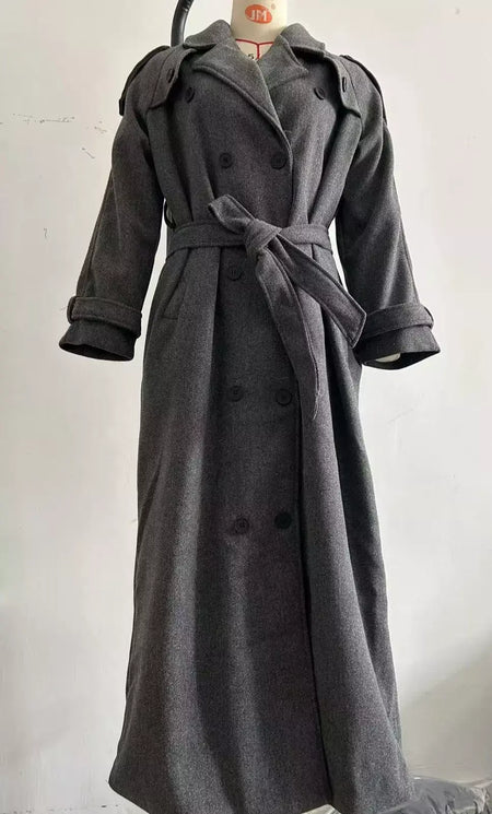 Trench coat maxi oversized feminino com lapela entalhada com cinto duplo breasted vintage streetwear 2025 tendência casual casacos diários