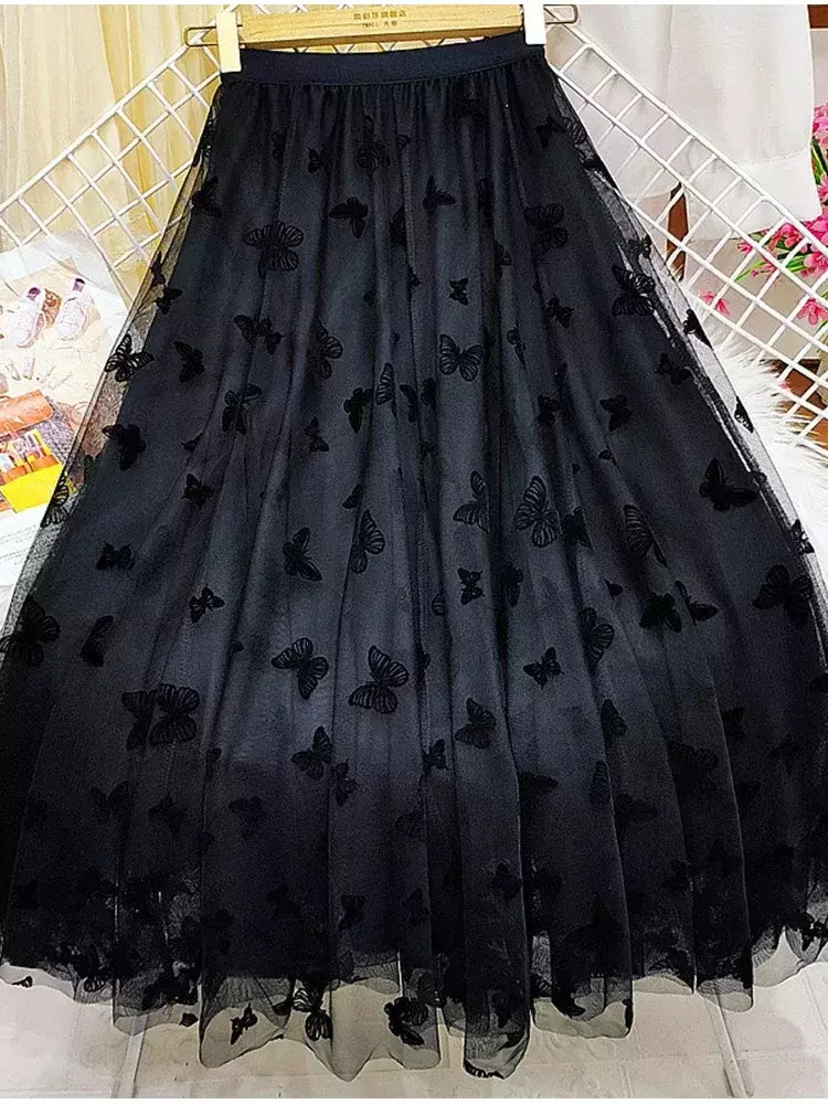 Borboleta Flocagem Tule Saia Longa Mulheres Estética Casual A Linha Elástico De Cintura Alta Midi Malha Saia Feminina Preto