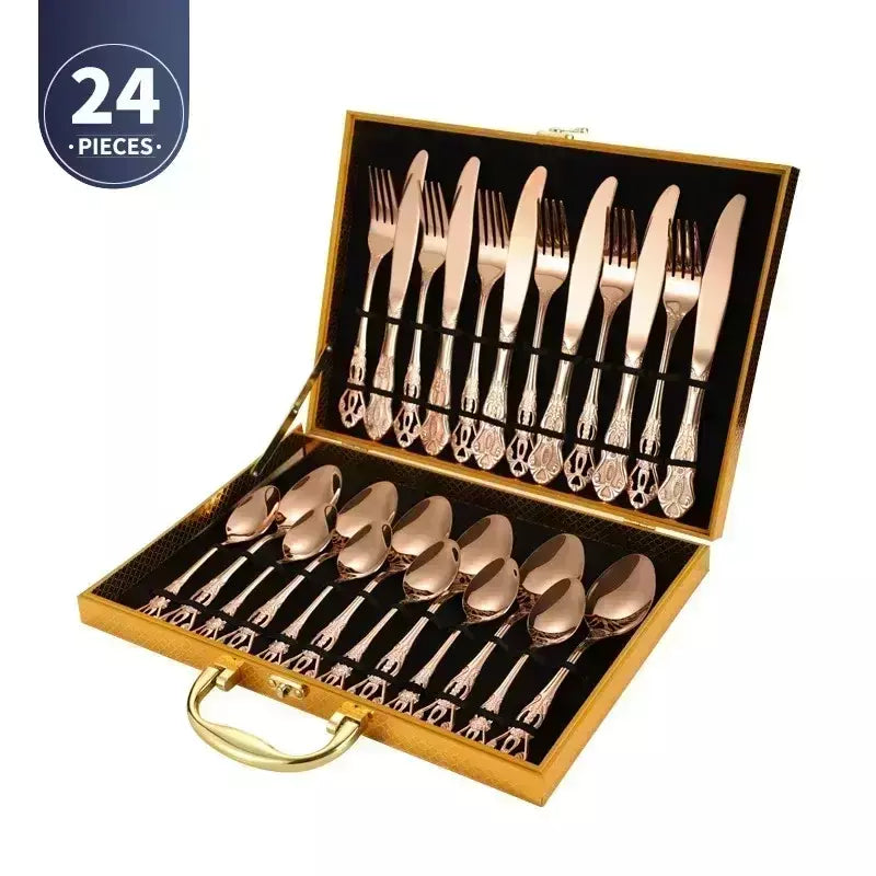 Conjunto de talheres de aço inoxidável dourado, colher europeia real, garfo, talheres completos, design retrô, seguro para máquina de lavar louça, talheres elegantes