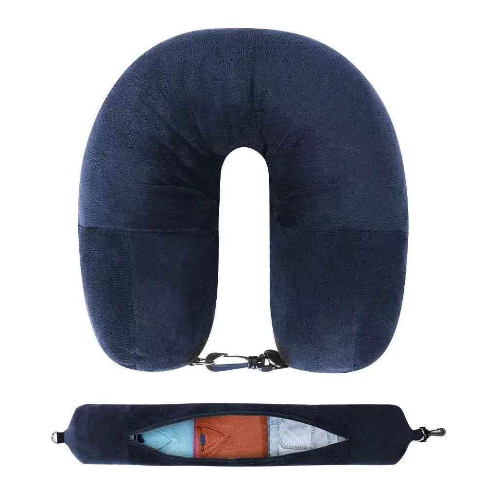 Travesseiro de pescoço para viagem com roupas preenchíveis, fronha em formato de u, capa de veludo, bolsa de armazenamento extra para avião, economia de espaço de viagem