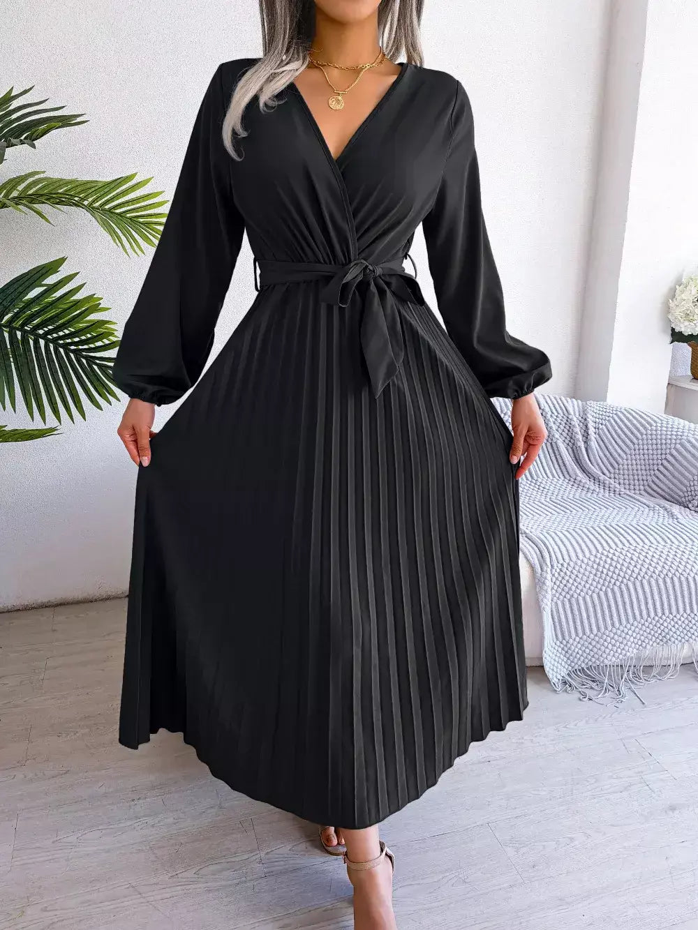 Elegante V Neck manga comprida das mulheres plissado vestido Maxi