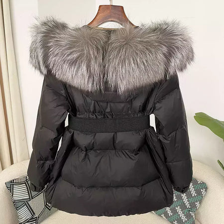 Oftbuy 2024 jaqueta de inverno feminina gola de pele de raposa natural real com capuz grosso quente 90% pato branco para baixo casaco feminino streetwear casual