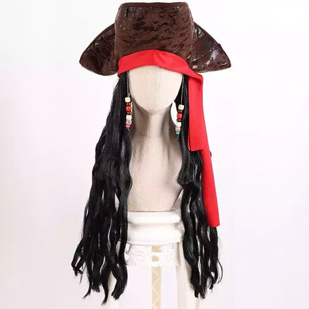 Adulto masculino caribe pirata chapéu peruca halloween palco desempenho pirata capitão traje peruca acessórios de festa jack sparrow peruca