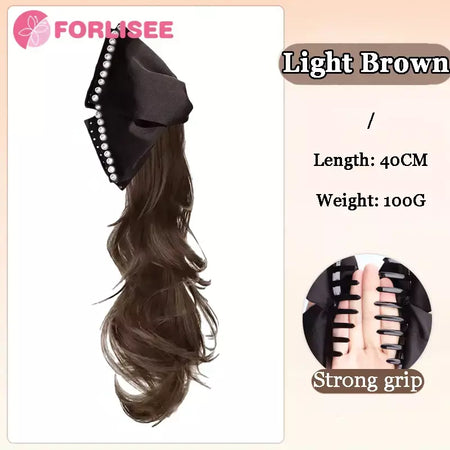 Forlisee peruca de rabo de cavalo de borboleta sintética feminina em camadas onda curl garra clipe de rabo de cavalo alto retro pérola peruca trança