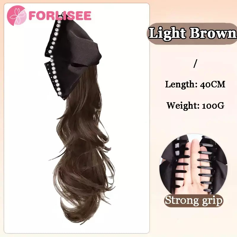 Forlisee peruca de rabo de cavalo de borboleta sintética feminina em camadas onda curl garra clipe de rabo de cavalo alto retro pérola peruca trança