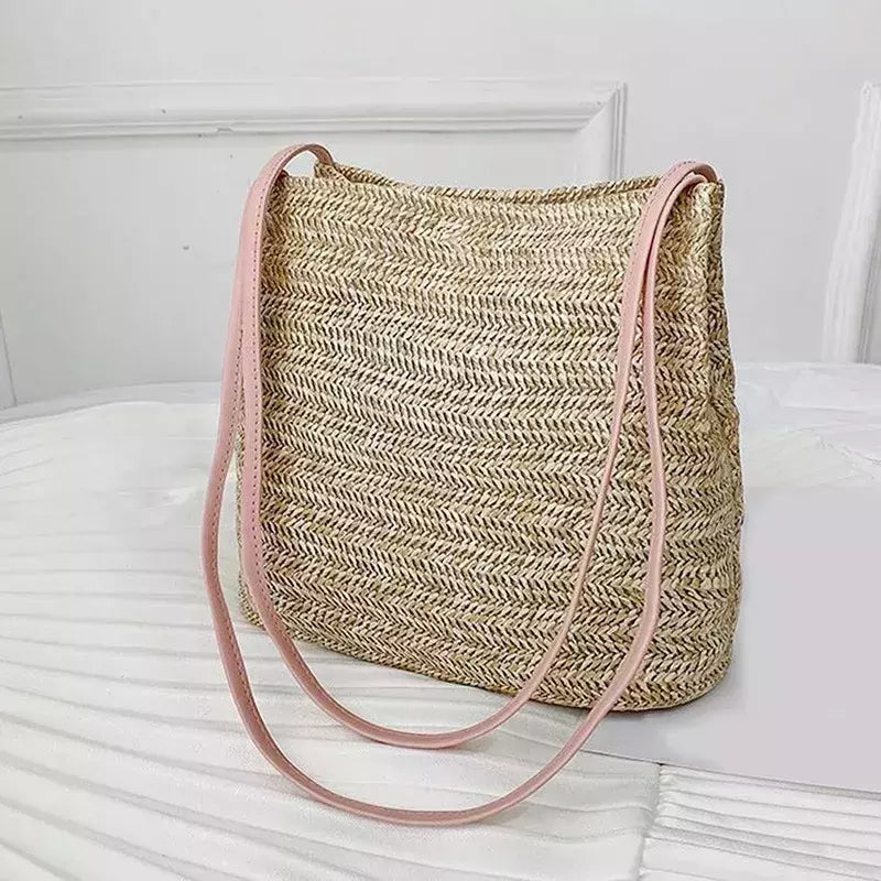 Bolsa de tecido palha casual feminina, cachecol de seda, laço, bolsa de praia, grande capacidade, portátil, sacola para senhora, nova, 1 ombro, verão