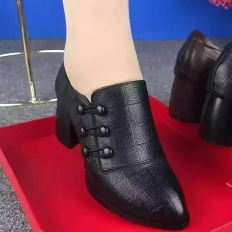 Saltos altos de couro macio para mulheres, Sapatos de salto alto baixo Breasted, Sapatos de vestido de dedo apontado, Sapatos Retro, Novo, Outono