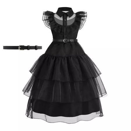 Crianças addams traje do bebê meninas família cosplay traje de halloween crianças família dança vestido preto quarta-feira pageant fantasia