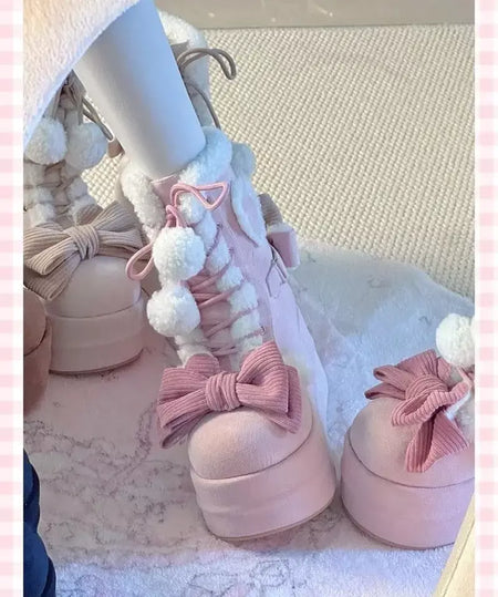 Doce inverno meninas lolita meados de bezerro botas de neve, bonito estudantes do sexo feminino pelúcia quente bowknots rendas até sapatos de salto cunha aumentando
