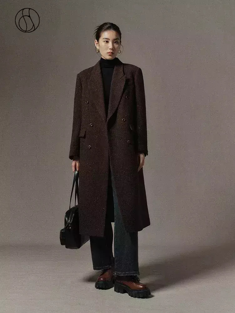DUSHU-casaco longo de lã de peito duplo para mulheres, design chique, casaco de lã feminino, café escuro, cor marrom, sentido retrô, inverno, 2023