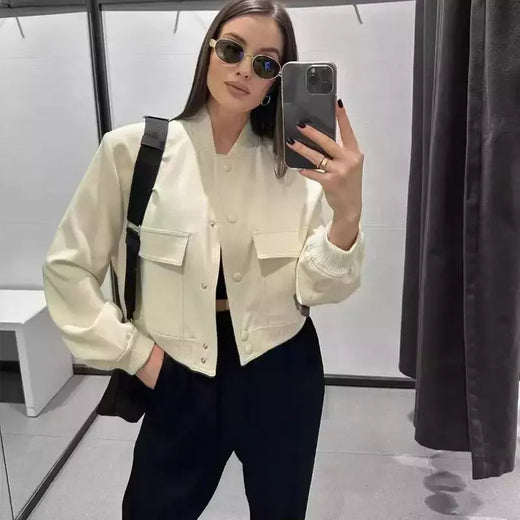 Jaqueta Bomber Cropped feminina, Casaco de manga comprida, Beisebol de botões, Casaco Aviador, Preto, Branco, Outono, Inverno