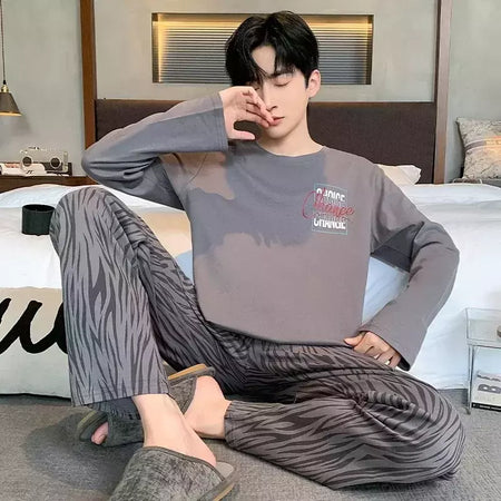 Pijama de algodão de duas peças masculino, calça de manga comprida, traje caseiro, estudante e adolescente, novo outono