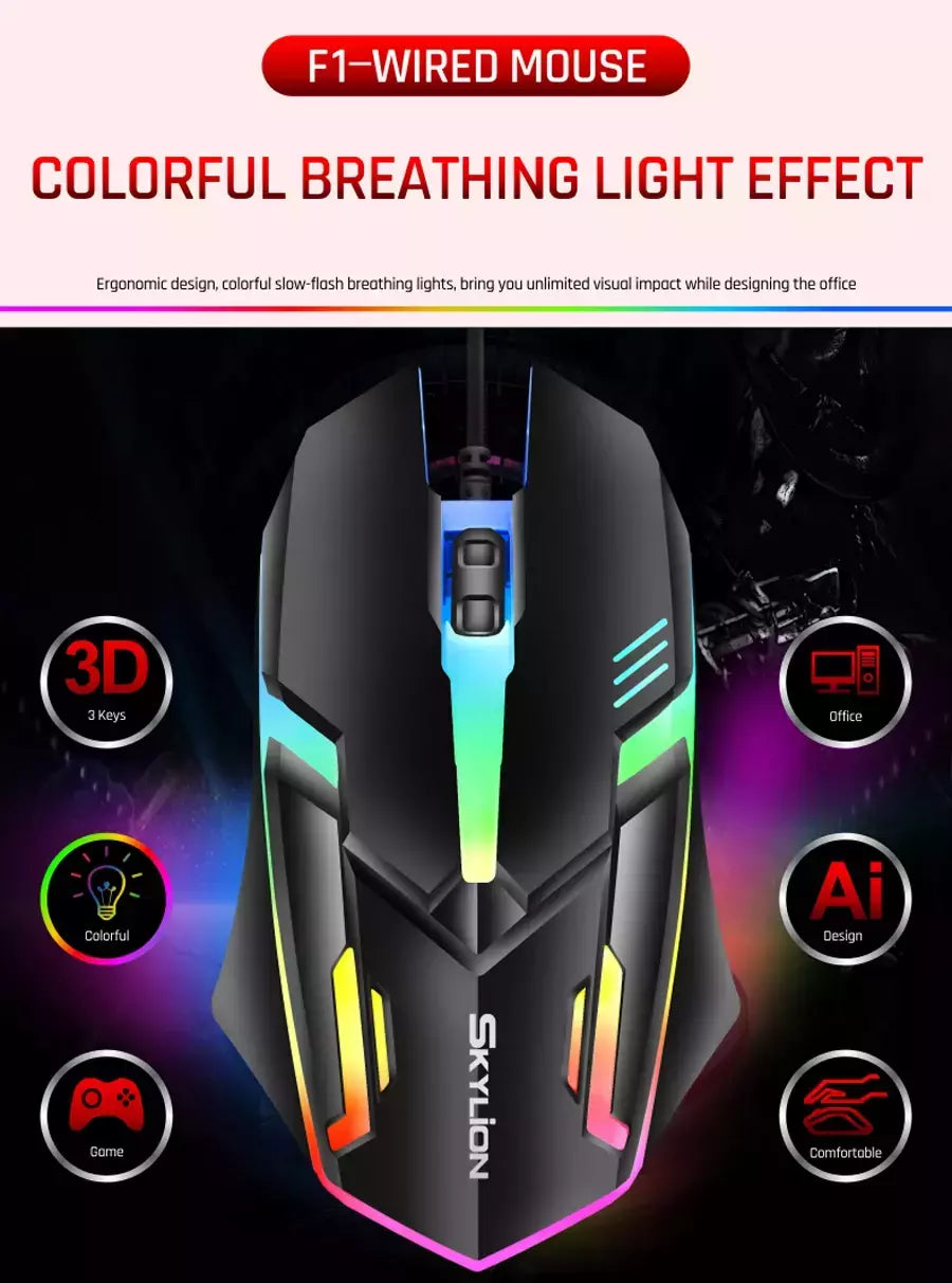 SKYLION F1 Wired 3 Teclas Mouse Iluminação Colorida Jogos e Escritório Para Microsoft Windows e Apple IOS System