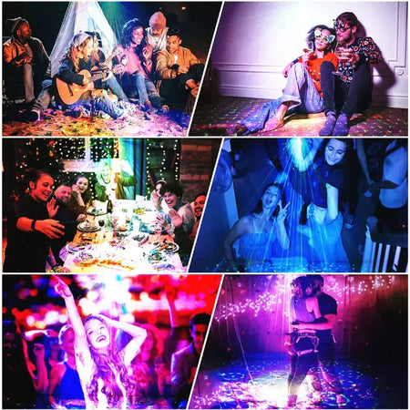 Luzes de festa, luzes de discoteca DJ, luzes estroboscópicas a laser, projetores alimentados por USB, decorações portáteis de acampamento para festas familiares