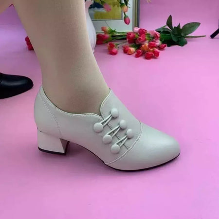 Saltos altos de couro macio para mulheres, Sapatos de salto alto baixo Breasted, Sapatos de vestido de dedo apontado, Sapatos Retro, Novo, Outono