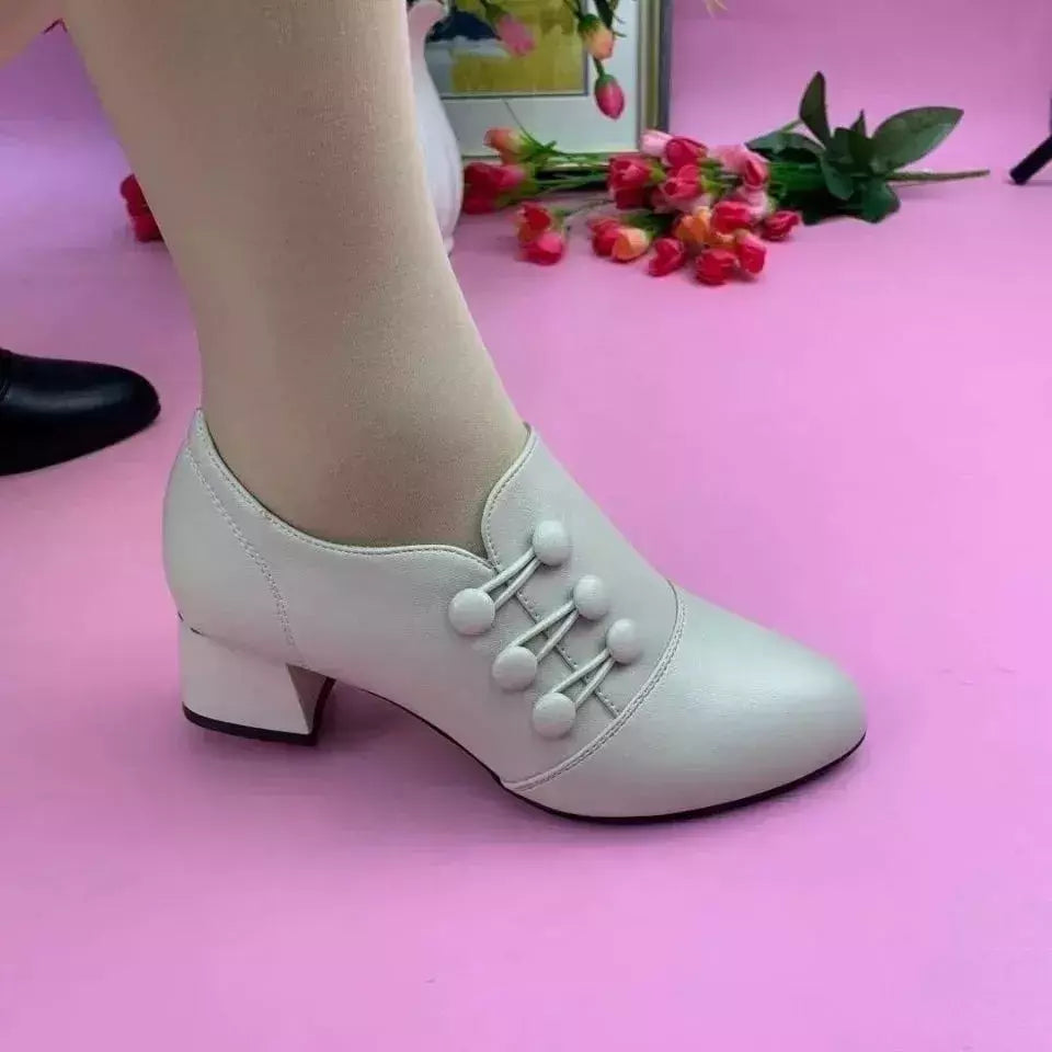 Saltos altos de couro macio para mulheres, Sapatos de salto alto baixo Breasted, Sapatos de vestido de dedo apontado, Sapatos Retro, Novo, Outono